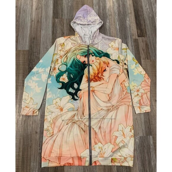 Anime-Inspired Hooded Longline Jacket Zipper Front Floral Art Allover Print 2LX - Picture 13 of 16